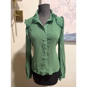 Forever 21 Green Ruffle High Neck Button Down Blouse Long Sleeve Victorian Top S